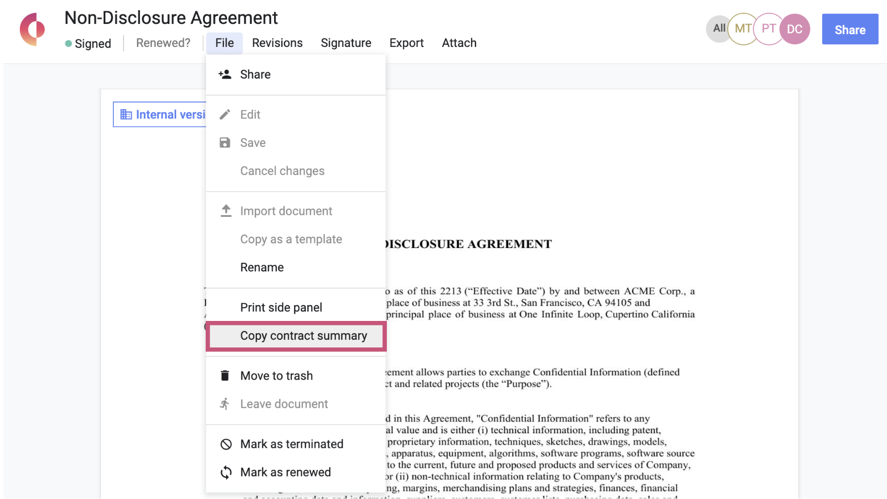 Copy Contract Summary from a Signed Document